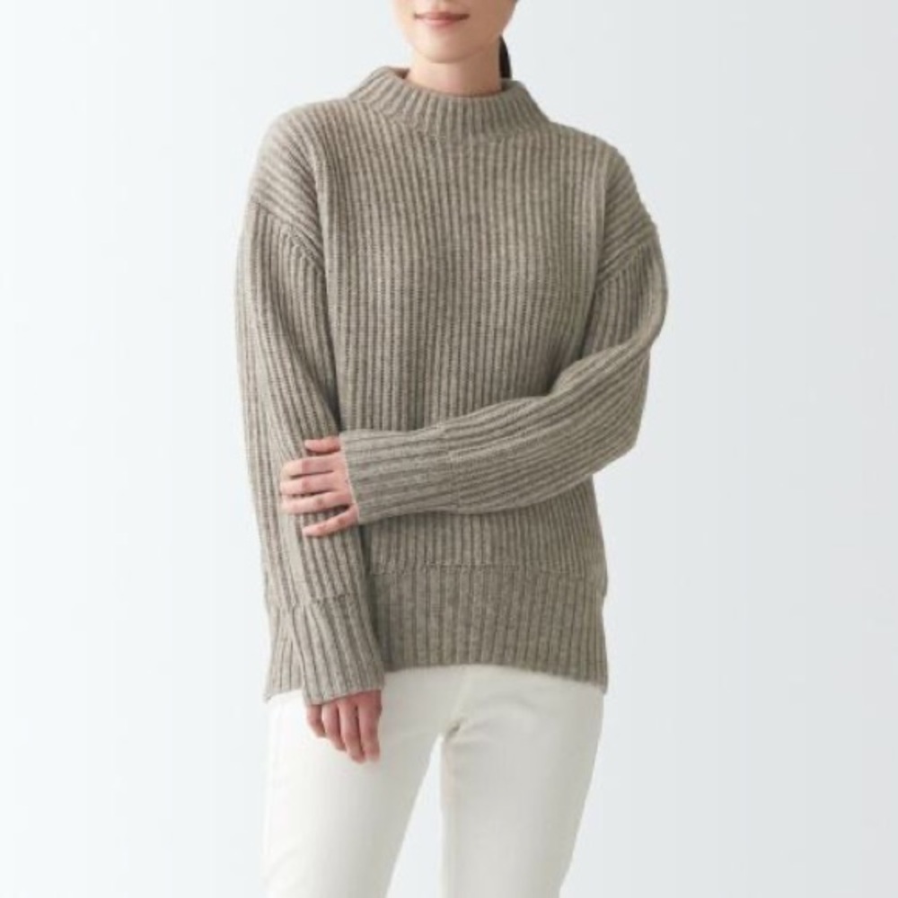 MUJI Wool Yak Rib Mock Neck Sweater in Mocha Brown